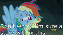 Size: 1920x1080 | Tagged: safe, edit, edited screencap, screencap, rainbow dash, pony, campfire tales, g4, bite mark, cave, discovery family logo, female, fly-dar bites, fly-der bite, fourth wall, image macro, meme, rainbow dash is best facemaker, red nosed, solo
