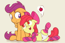 Size: 1280x853 | Tagged: safe, artist:dtcx97, edit, apple bloom, scootaloo, earth pony, pony, g4, clothes, panties, socks, striped socks, thigh highs, underwear