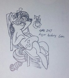 Size: 1268x1440 | Tagged: safe, artist:derpanater, rarity, pony, g4, 30 minute art challenge, beach chair, chair, drink, female, lounging, magic, relaxing, solo, sunglasses, traditional art