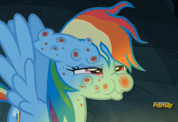 Size: 733x501 | Tagged: safe, screencap, rainbow dash, pony, campfire tales, g4, season 7, animated, bite mark, cute, dashabetes, discovery family logo, female, fly-der bite, gif, mare, nightmare fuel, rainbow dash is best facemaker, red nosed, solo