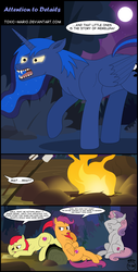 Size: 3480x6867 | Tagged: safe, artist:toxic-mario, apple bloom, princess luna, scootaloo, sweetie belle, hengstwolf, hybrid, pony, werewolf, campfire tales, g4, campfire, canines, comic, cutie mark, cutie mark crusaders, dialogue, fangs, female, forest, full moon, glowing eyes, moon, muscle fetish, muscles, new style, night, older, older apple bloom, older scootaloo, older sweetie belle, open mouth, scenery, speech bubble, teenager, teeth, that was fast, the cmc's cutie marks, transformation, wereluna