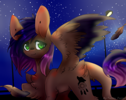 Size: 1128x900 | Tagged: safe, artist:twinkepaint, oc, oc only, oc:evening howler, pegasus, pony, female, gift art, green eyes, leonine tail, mare, night, smiling, solo, starry night, stars