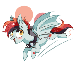 Size: 800x689 | Tagged: safe, artist:ipun, oc, oc only, oc:zyatt, bat pony, pony, blushing, flying, goggles, heart, looking at you, male, open mouth, simple background, solo, stallion, white background