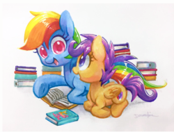 Size: 1298x989 | Tagged: safe, artist:dawnfire, rainbow dash, scootaloo, pegasus, pony, g4, book, cute, cutealoo, dashabetes, duo, female, filly, mare, marker drawing, reading, scootalove, simple background, traditional art