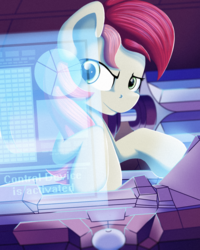 Size: 1299x1624 | Tagged: safe, artist:anonbelle, roseluck, pony, g4, computer, female, future, hologram, solo, space