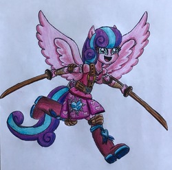 Size: 2342x2321 | Tagged: safe, artist:bozzerkazooers, princess flurry heart, equestria girls, g4, dual wield, equestria girls-ified, female, high res, ninja, older, ponied up, solo, sword, traditional art, warrior flurry heart, weapon