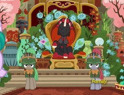 Size: 1005x767 | Tagged: safe, screencap, basin sedge, sable spirit, terracotta (g4), pony, unicorn, campfire tales, g4, armor, asian, cropped, discovery family logo, empress, female, flower, guard, mare, mistmane's flower, throne, young, young sable spirit, younger