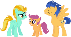 Size: 860x450 | Tagged: safe, artist:featherfury, flash sentry, lightning dust, scootaloo, pegasus, pony, g4, alternate universe, brother and sister, brother and sisters, female, filly, foal, male, mare, siblings, sisters, stallion, story included, trio