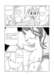 Size: 1700x2400 | Tagged: safe, artist:k-nattoh, starlight glimmer, trixie, pony, unicorn, comic:ponicosu, g4, belly, blanket, blushing, comic, dialogue, doujin, drool, imminent rape, imminent sex, pillow, sleeping