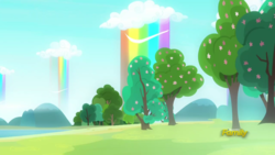 Size: 1280x720 | Tagged: safe, screencap, campfire tales, g4, background, discovery family logo, flower, no pony, rainbow waterfall, scenery, tree, winsome falls
