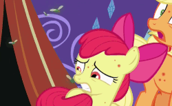 Size: 829x512 | Tagged: safe, screencap, apple bloom, applejack, earth pony, fly-der, pony, campfire tales, g4, animated, female, filly, fly-der bite, foal, gif, horses doing horse things, mare, solo focus, tail wag