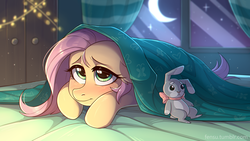 Size: 1920x1080 | Tagged: safe, artist:fensu-san, fluttershy, pony, g4, bed, blanket, cute, female, lidded eyes, looking at you, mare, moon, night, plushie, prone, shyabetes, solo, window
