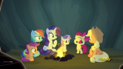 Size: 1920x1080 | Tagged: safe, screencap, apple bloom, applejack, rainbow dash, rarity, scootaloo, sweetie belle, earth pony, pegasus, pony, unicorn, campfire tales, g4, bipedal, campfire, cutie mark crusaders, female, hive, open mouth