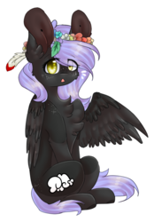 Size: 618x888 | Tagged: safe, artist:twinkepaint, oc, oc only, oc:cloudy night, pegasus, pony, chest fluff, female, floral head wreath, flower, looking at you, mare, simple background, sitting, solo, transparent background