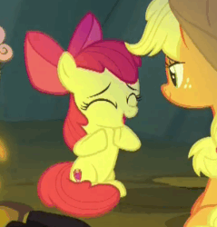 Size: 295x308 | Tagged: safe, screencap, apple bloom, applejack, earth pony, pony, campfire tales, g4, animated, clapping, female, gif