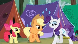 Size: 1280x720 | Tagged: safe, screencap, apple bloom, applejack, rarity, earth pony, pony, campfire tales, g4, camping, discovery family logo, forest, tent