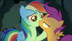 Size: 1280x720 | Tagged: safe, screencap, rainbow dash, scootaloo, pegasus, pony, campfire tales, g4, discovery family logo, duo, female, filly, foal, freeze frame, mare, mid-blink screencap, out of context