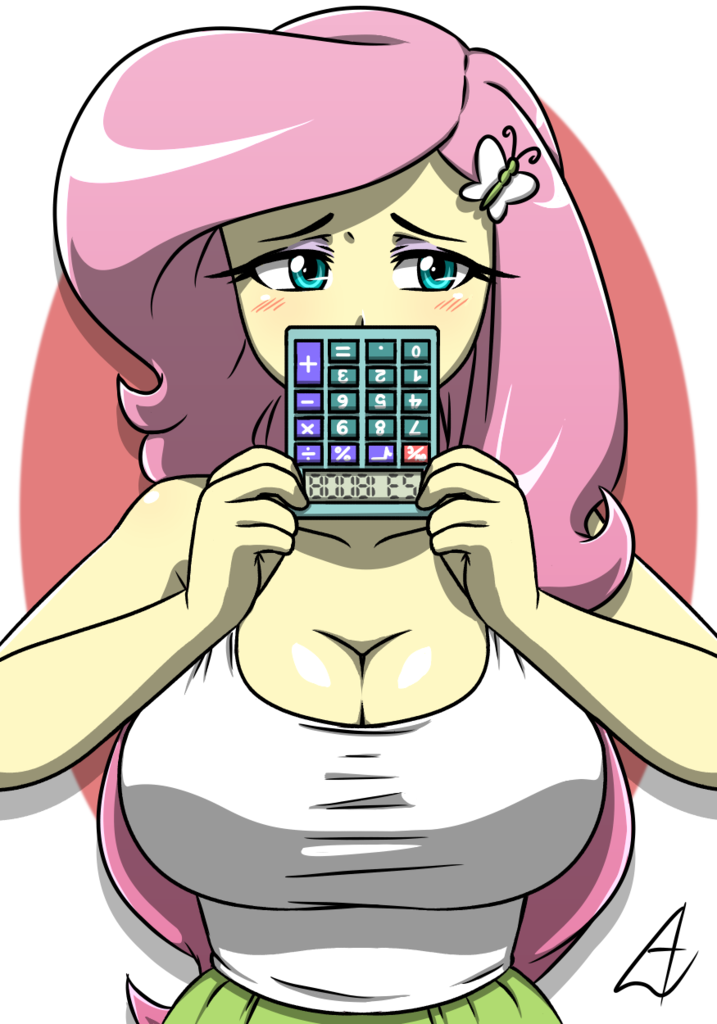 big breasts, blushing, breasts, busty fluttershy, calculator, cleavage, clo...