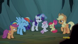 Size: 1280x720 | Tagged: safe, screencap, apple bloom, applejack, rainbow dash, rarity, scootaloo, sweetie belle, earth pony, pony, campfire tales, g4, campfire, cave, cutie mark crusaders, fly-der bite, horses doing horse things, scratching