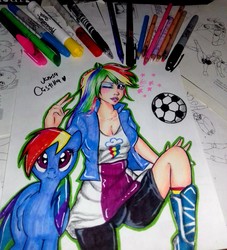 Size: 2448x2699 | Tagged: safe, artist:queencastilla, rainbow dash, human, pony, g4, duo, football, high res, human ponidox, humanized, marker, marker drawing, stars, traditional art