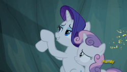 Size: 800x450 | Tagged: safe, screencap, rarity, sweetie belle, pony, campfire tales, g4, animated, discovery family logo, female, gif, hoofy-kicks