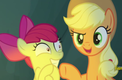 Size: 1095x720 | Tagged: safe, screencap, apple bloom, applejack, pony, campfire tales, g4, cropped, discovery family logo