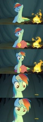 Size: 1280x3576 | Tagged: safe, screencap, rainbow dash, scootaloo, pony, campfire tales, g4, campfire, cave, cute, discovery family logo, scootalove, smiling