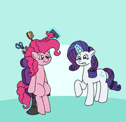 Size: 1024x997 | Tagged: safe, artist:verycomicrelief, pinkie pie, rarity, earth pony, pony, unicorn, g4, atg 2017, female, hair pulling, haircut, lesbian, magic, mane styling, mare, newbie artist training grounds, raised hoof, ship:raripie, shipping, sitting, telekinesis