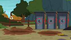 Size: 1271x713 | Tagged: safe, edit, edited screencap, screencap, campfire tales, g4, my little pony: friendship is magic, crescent moon, discovery family logo, moon, no pony, outhouse