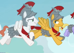 Size: 579x416 | Tagged: safe, screencap, albus, flash magnus, iron eagle, pegasus, pony, campfire tales, g4, armor, cropped, flying, helmet, hoof shoes, male, out of context, royal legion, stallion
