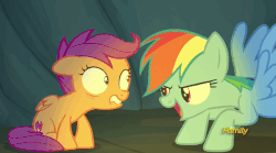 Size: 595x330 | Tagged: safe, screencap, rainbow dash, scootaloo, pony, campfire tales, g4, animated, anxiety, female, gif, scared, terrified
