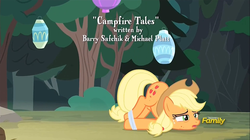 Size: 1277x715 | Tagged: safe, screencap, applejack, earth pony, pony, campfire tales, g4, discovery family logo, female, fly-der bite, forest, mare, silly, silly pony, solo, tied up, who's a silly pony