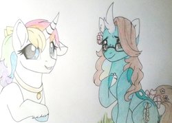 Size: 1024x733 | Tagged: safe, artist:evergreen-gemdust, oc, oc only, oc:gentle heart, oc:mew angel, pony, unicorn, curved horn, female, glasses, horn, mare, traditional art