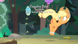 Size: 1271x715 | Tagged: safe, screencap, applejack, fly-der, pony, campfire tales, g4, discovery family logo, female, fly-der bite, forest, mare, silly, silly pony, solo, tied up, who's a silly pony