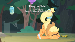Size: 1269x715 | Tagged: safe, screencap, applejack, earth pony, fly-der, pony, campfire tales, g4, bondage, discovery family logo, faceplant, female, fly-der bite, hogtied, mare, solo, tied up