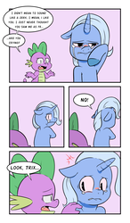 Size: 2500x4271 | Tagged: safe, artist:raph13th, spike, trixie, dragon, pony, unicorn, comic:glim glam and pals, g4, colors, comic, crying, dialogue, female, floppy ears, male, mare, speech bubble
