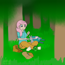 Size: 1500x1500 | Tagged: safe, artist:phallen1, fluttershy, human, rabbit, g4, air ponyville, atg 2017, backpack, boots, canteen, clothes, eating, female, food, forest, humanized, lettuce, newbie artist training grounds, ponytail, sandwich, shoes, shoes removed, sitting, socks, solo, stocking feet