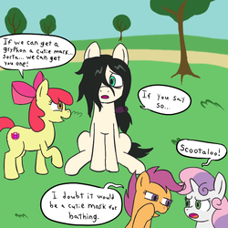 Size: 576x576 | Tagged: safe, artist:scraggleman, apple bloom, scootaloo, sweetie belle, oc, oc:floor bored, earth pony, pegasus, pony, unicorn, g4, 4chan, cutie mark, cutie mark crusaders, dialogue, female, filly, grass, mare, sitting, speech bubble, the cmc's cutie marks, tree