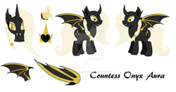 Size: 1024x535 | Tagged: safe, artist:nightfoxgangsters, oc, oc only, oc:countess onyx aura, alicorn, bat pony, bat pony alicorn, pony, bat pony oc, bat wings, edgy, fangs, horn, ponysona, reference sheet, solo, watermark, wings