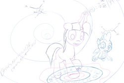 Size: 1050x700 | Tagged: safe, artist:stillwaterspony, spike, twilight sparkle, dragon, pony, g4, atg 2017, floating, magic, magic circle, newbie artist training grounds, portal, rough, sketch, space and time