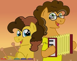 Size: 1945x1535 | Tagged: safe, artist:kindheart525, cheese sandwich, oc, oc:chocolate cheesecake, earth pony, pony, kindverse, g4, accordion, father and son, glasses, male, musical instrument, offspring, older, parent:cheese sandwich, parent:pinkie pie, parents:cheesepie, sunset, xylophone