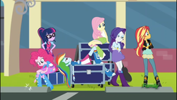 Size: 1136x640 | Tagged: safe, screencap, fluttershy, pinkie pie, rainbow dash, sci-twi, sunset shimmer, twilight sparkle, equestria girls, g4, get the show on the road, my little pony equestria girls: summertime shorts, female
