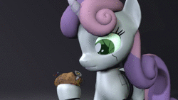Size: 1280x720 | Tagged: safe, artist:fruitymilk, sweetie belle, pony, robot, robot pony, unicorn, g4, 3d, animated, death, decapitated, decapitation, exploding head, explosion, female, filly, foal, food, glados, hooves, horn, logic bomb, meme, paradox, portal (valve), potato, self-destruct, solo, sound, source filmmaker, sweetie bot, webm, youtube link