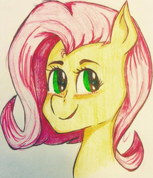 Size: 517x600 | Tagged: safe, artist:dmagine, fluttershy, pony, g4, bust, cute, female, looking at you, looking sideways, pixiv, portrait, shyabetes, smiling, solo, traditional art