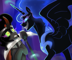 Size: 2000x1667 | Tagged: safe, artist:mylittlegodzilla, king sombra, nightmare moon, alicorn, pony, unicorn, fall of the crystal empire, g4, evil smile, fangs, female, grin, male, mare, missing accessory, scared, scythe, smiling, sombra eyes, stallion