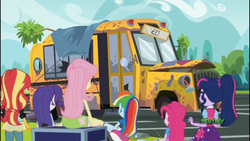 Size: 1136x640 | Tagged: safe, screencap, fluttershy, pinkie pie, rainbow dash, rarity, sci-twi, sunset shimmer, twilight sparkle, equestria girls, g4, get the show on the road, my little pony equestria girls: summertime shorts, bus, female, from behind, school bus, studebaker, the rainbooms tour bus
