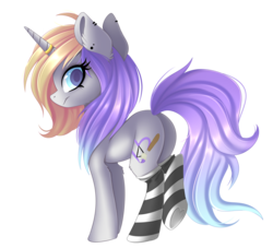 Size: 3124x2834 | Tagged: safe, artist:scarlet-spectrum, oc, oc only, oc:loren, pony, unicorn, art trade, clothes, cutie mark, ear piercing, female, high res, horn, horn ring, looking back, mare, piercing, simple background, socks, solo, stockings, striped socks, thigh highs, transparent background