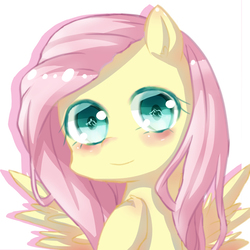 Size: 600x600 | Tagged: safe, artist:dudu, fluttershy, pegasus, pony, g4, bust, cute, female, hoof on chest, looking at you, pixiv, portrait, shyabetes, simple background, solo, spread wings, white background, wings