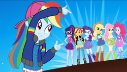 Size: 1136x640 | Tagged: safe, screencap, applejack, fluttershy, pinkie pie, rainbow dash, rarity, sci-twi, sunset shimmer, twilight sparkle, equestria girls, g4, get the show on the road, my little pony equestria girls: summertime shorts, clothes, female, geode of fauna, humane seven, rapper dash