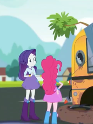Size: 1536x2048 | Tagged: safe, screencap, pinkie pie, rarity, equestria girls, g4, get the show on the road, my little pony equestria girls: summertime shorts, boots, bus, duo, female, geode of shielding, hand on hip, magical geodes, necklace, rear view, school bus, shoes, the rainbooms tour bus